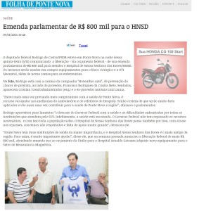 Folha de Ponte Nova   Emenda parlamentar de R  800 mil para o HNSD